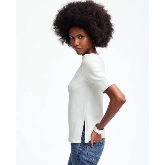 Madewell Elbow-Sleeve Boatneck Tee Sz S White Pullover Slit Hem Slim Fit Stretch - Picture 2 of 8